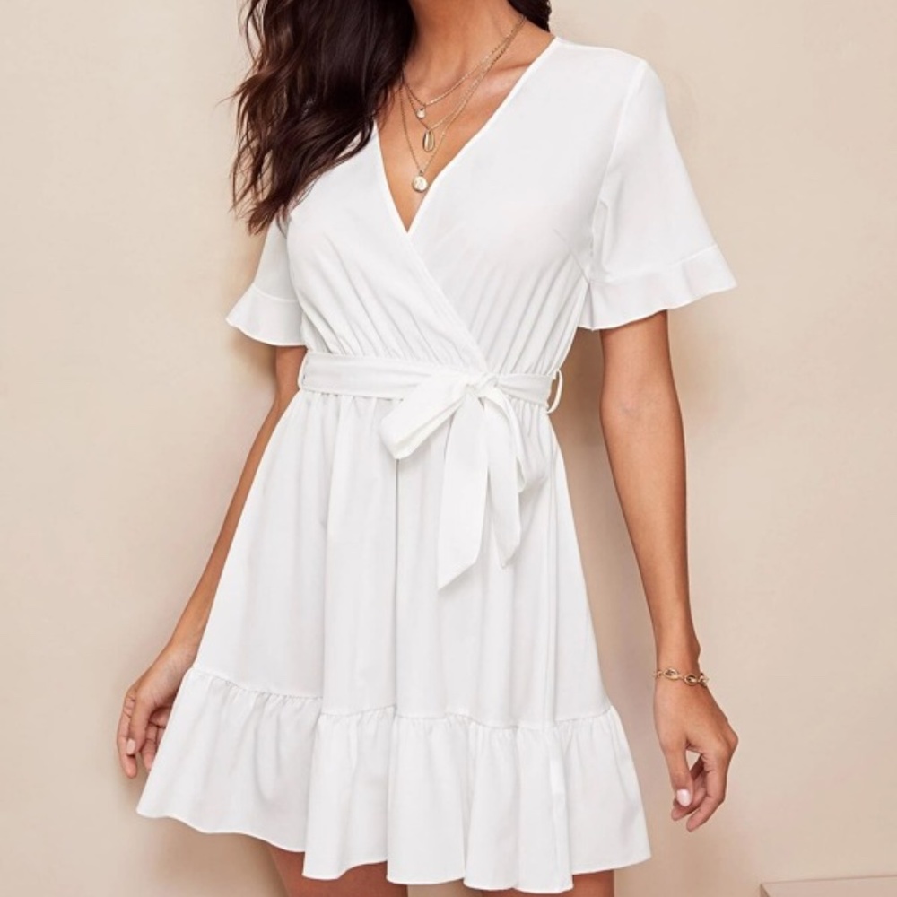 SHEIN Surplice Wrap Belted Ruffle Hem Dress